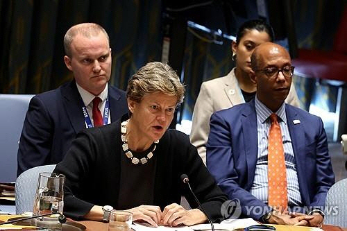 유엔서 발언하는 우드워드 영국 유엔 대사[로이터=연합뉴스 자료사진]